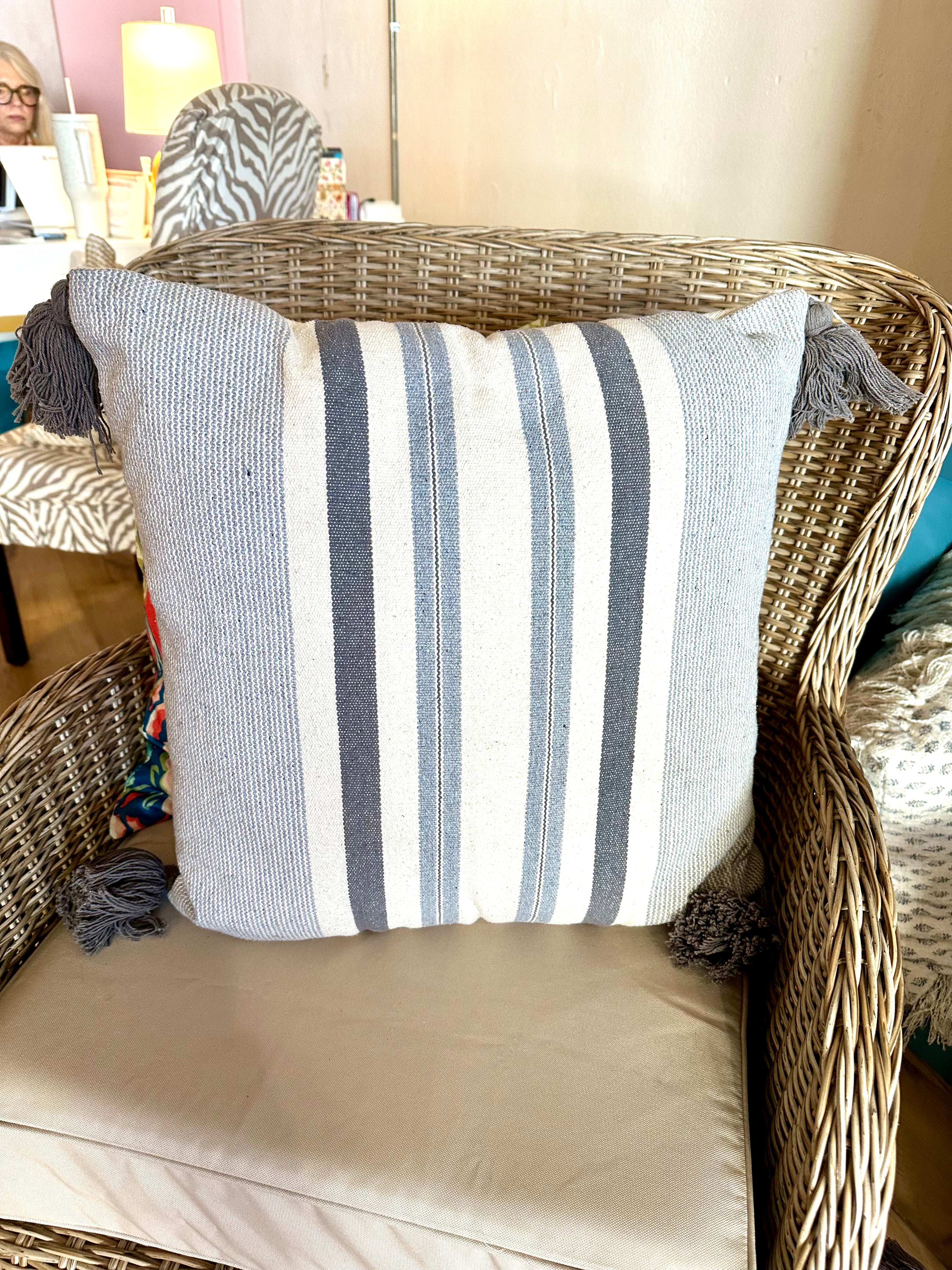 Gray Striped Pillow with Corner Tassels