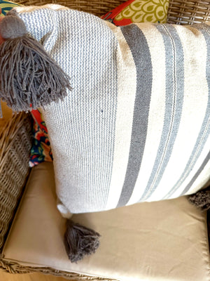 Gray Striped Pillow with Corner Tassels