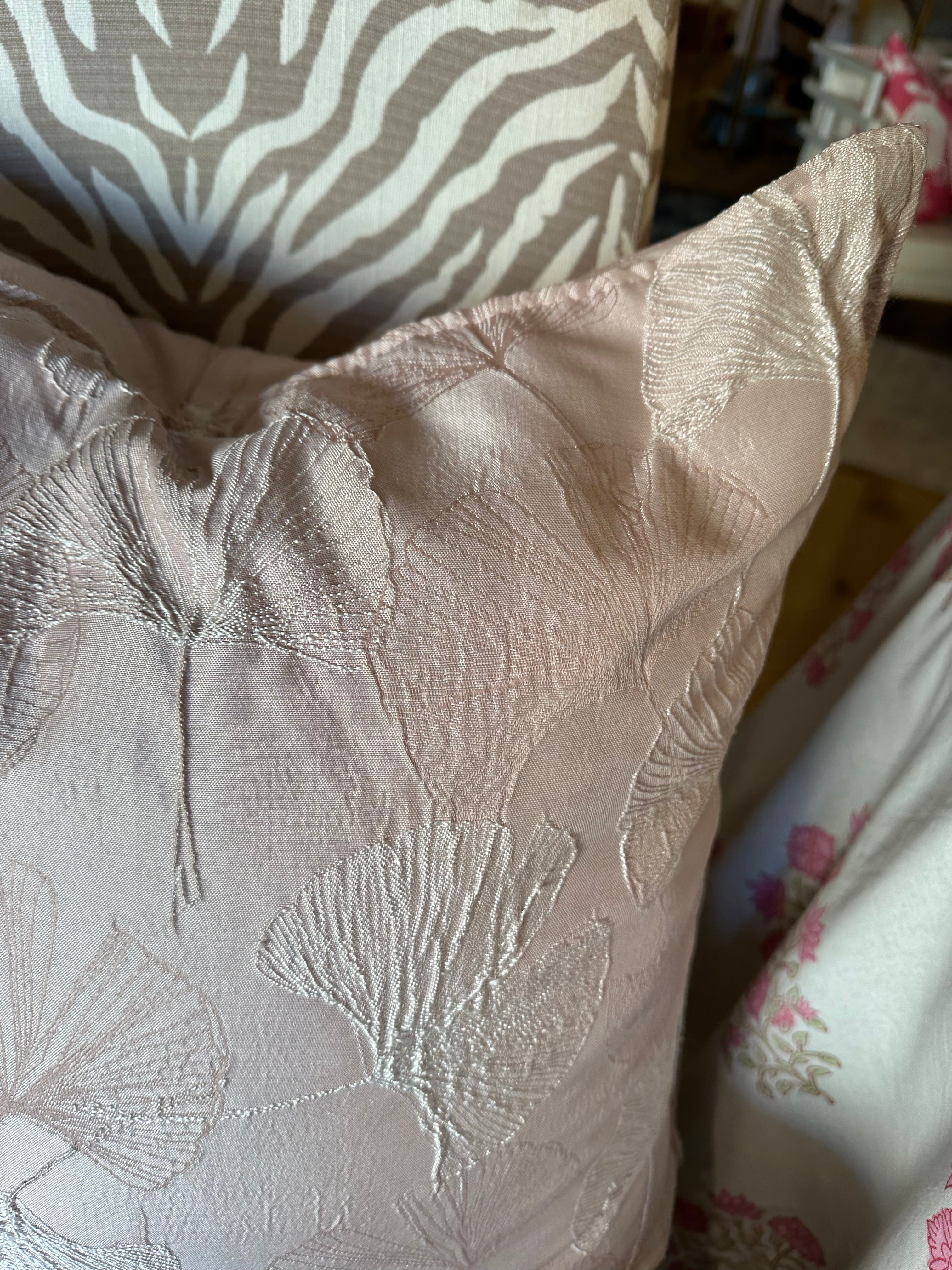 Blush Pink Gingko Embroidered Print Pillow Down Filled