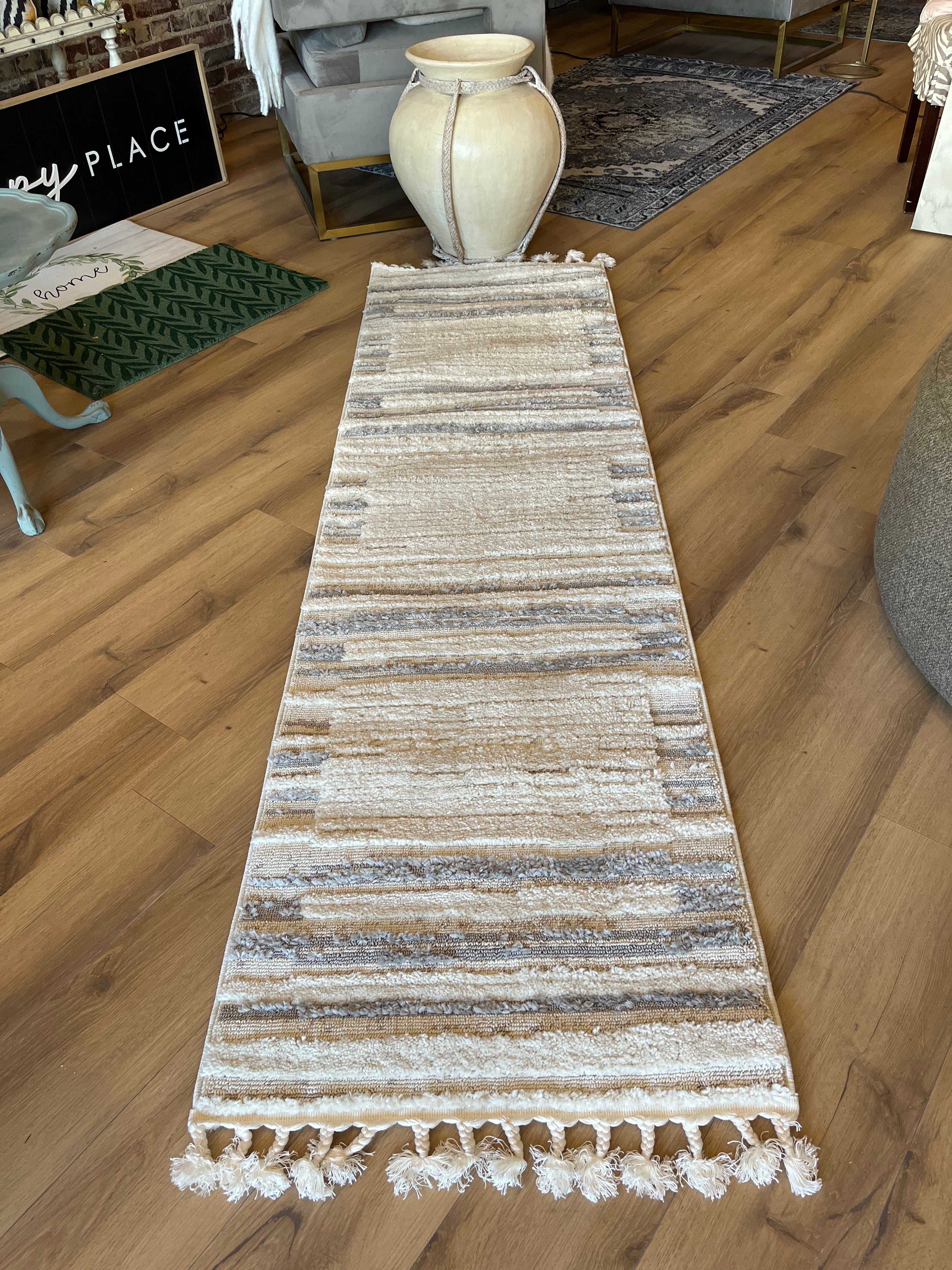 Ivory Grey Landscape Runner with Tassels