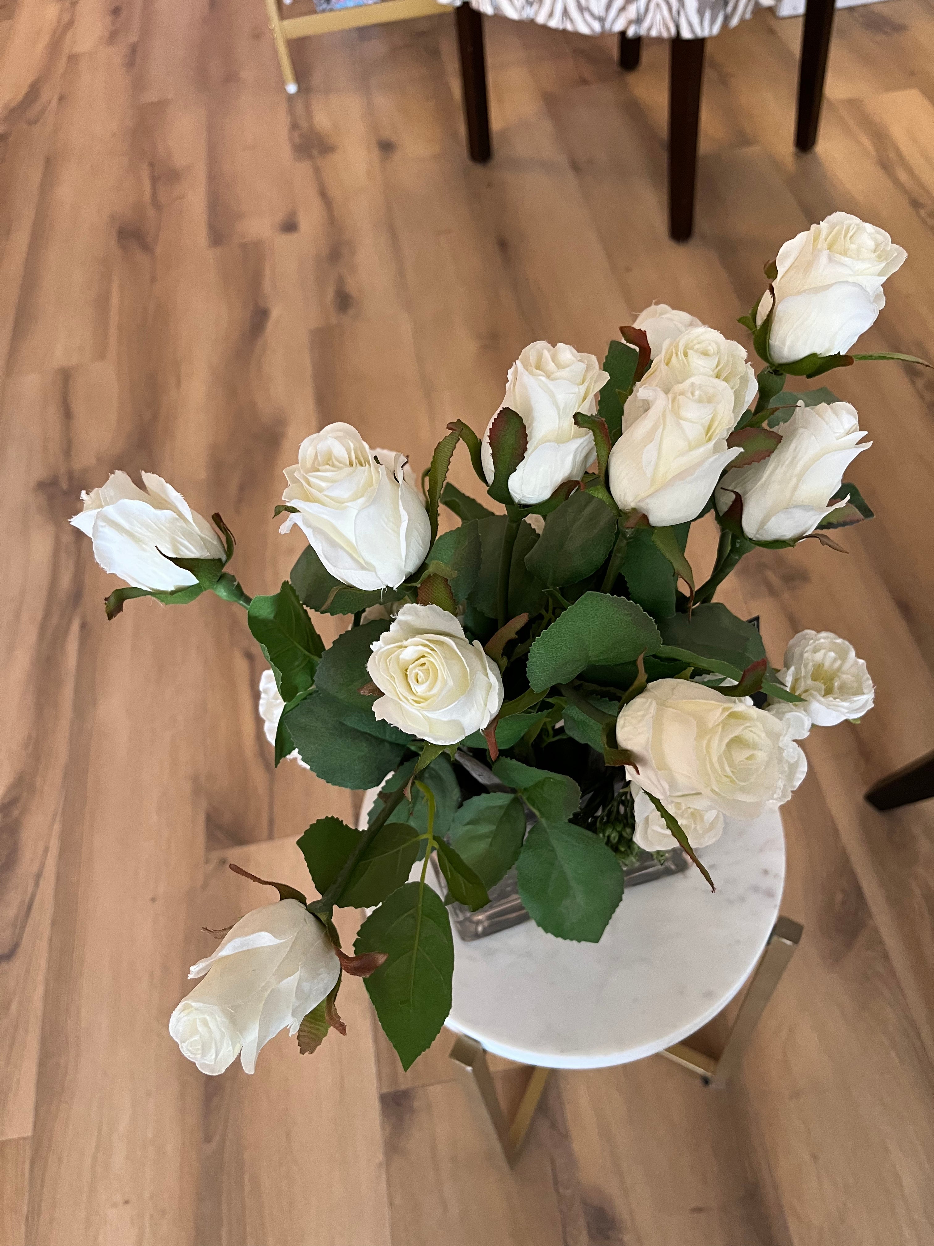 White Rose Arrangement in Glass Vase