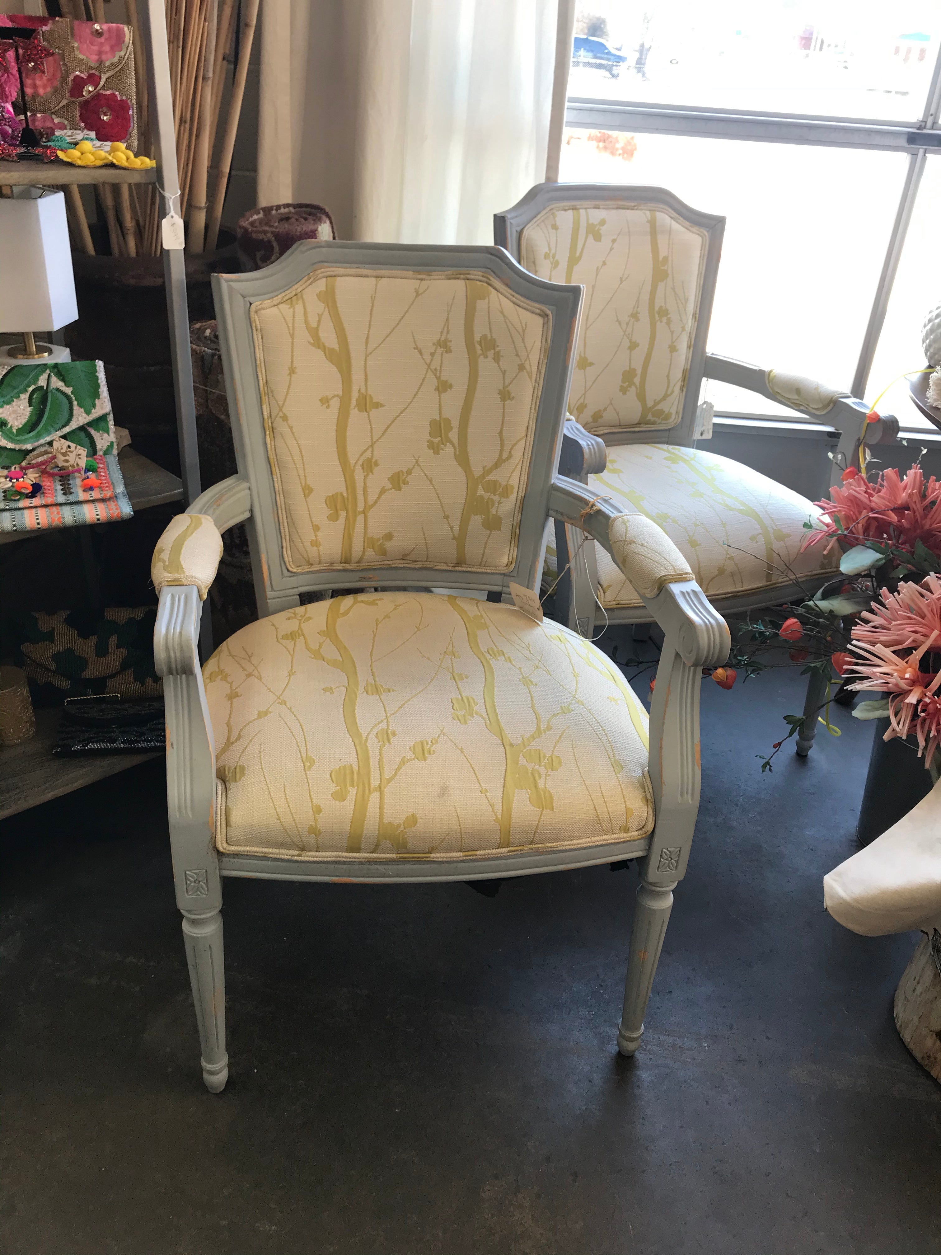 Gray and light yellow distressed chairs