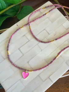 Ruby Beaded Necklace with pink enameled heart