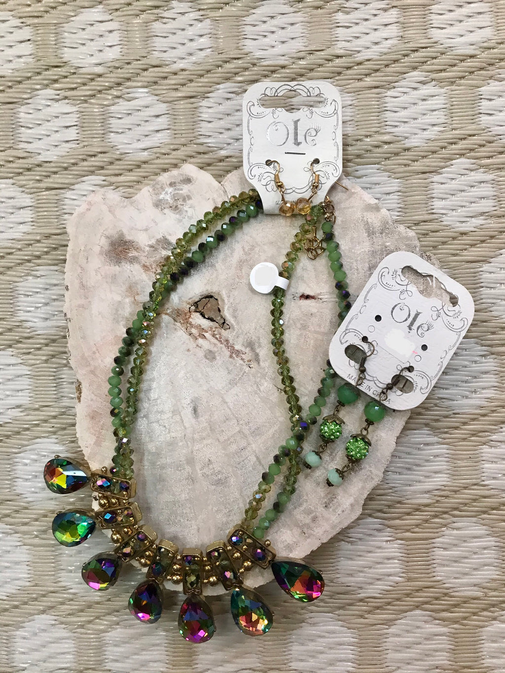 Green and Purple Beaded Necklace with matching earrings