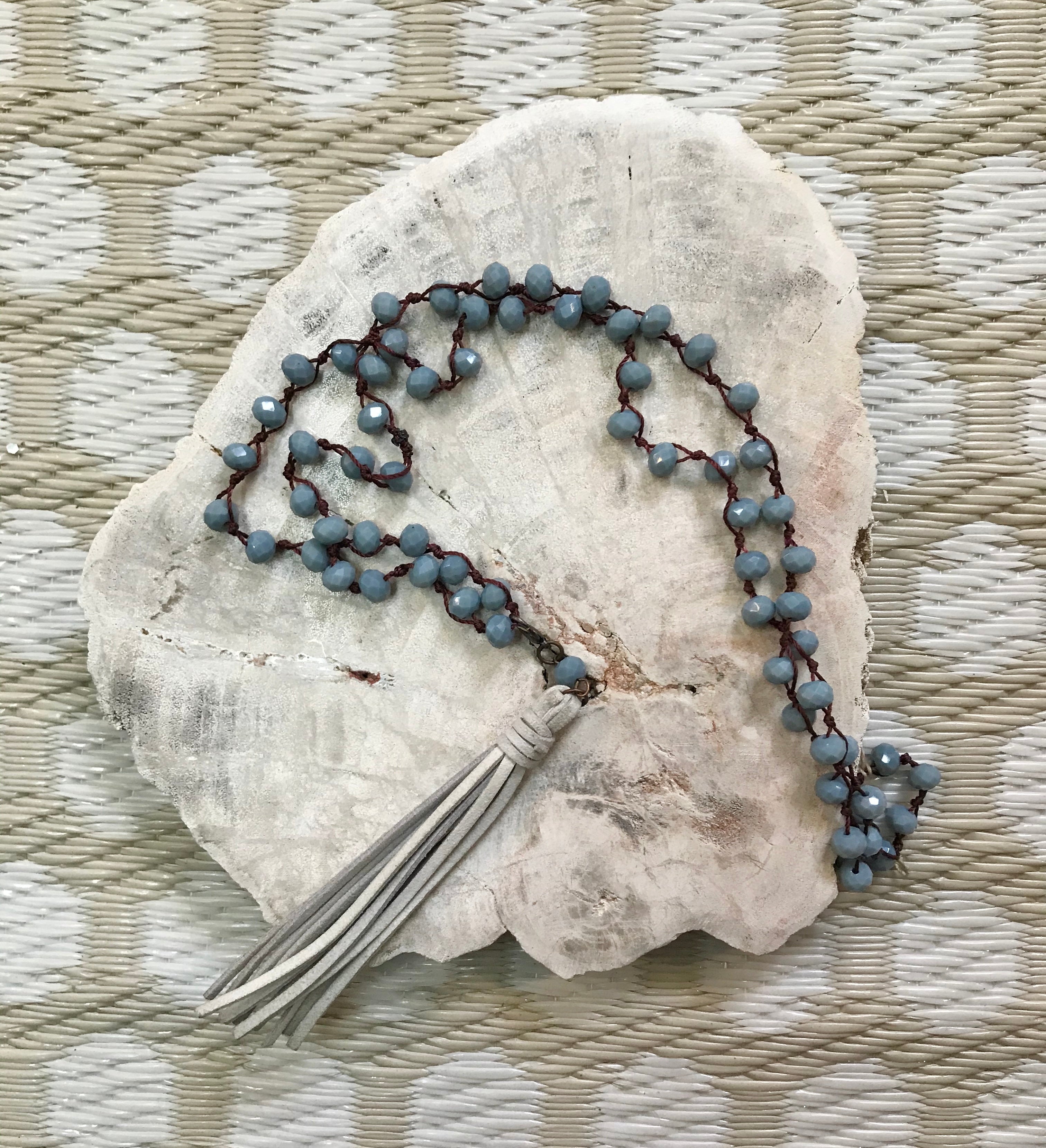 Blue Beaded Tassel Necklace