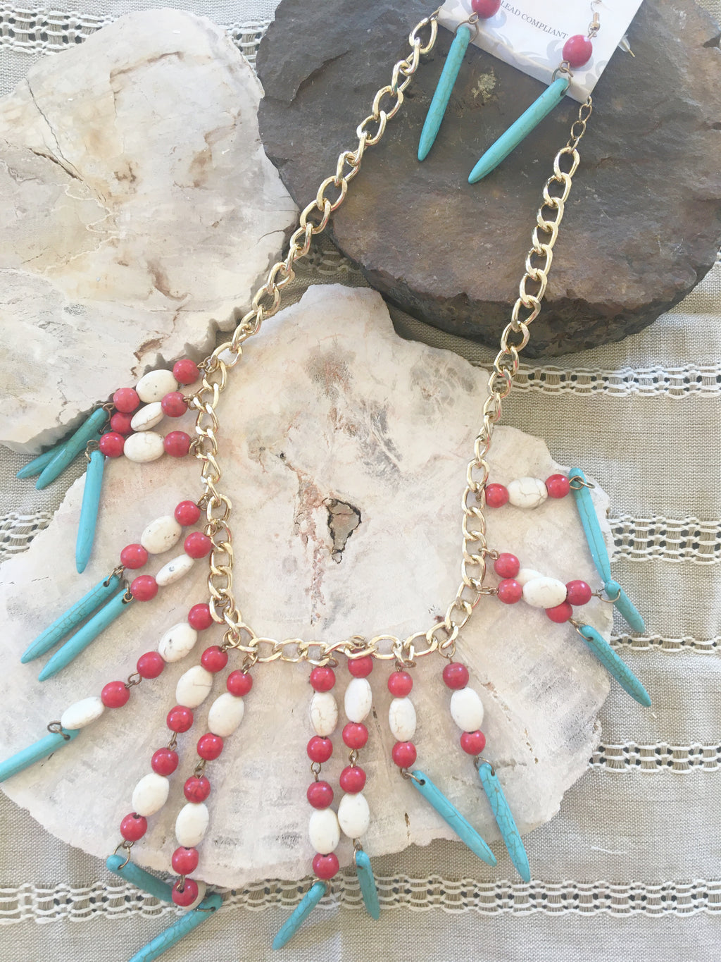 Red, White, & Turquoise Beaded Necklace